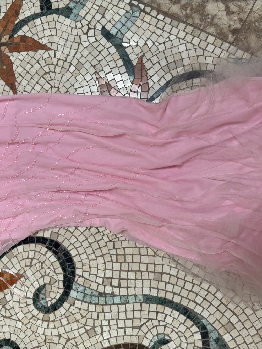 pink beaded dress with matching scarf